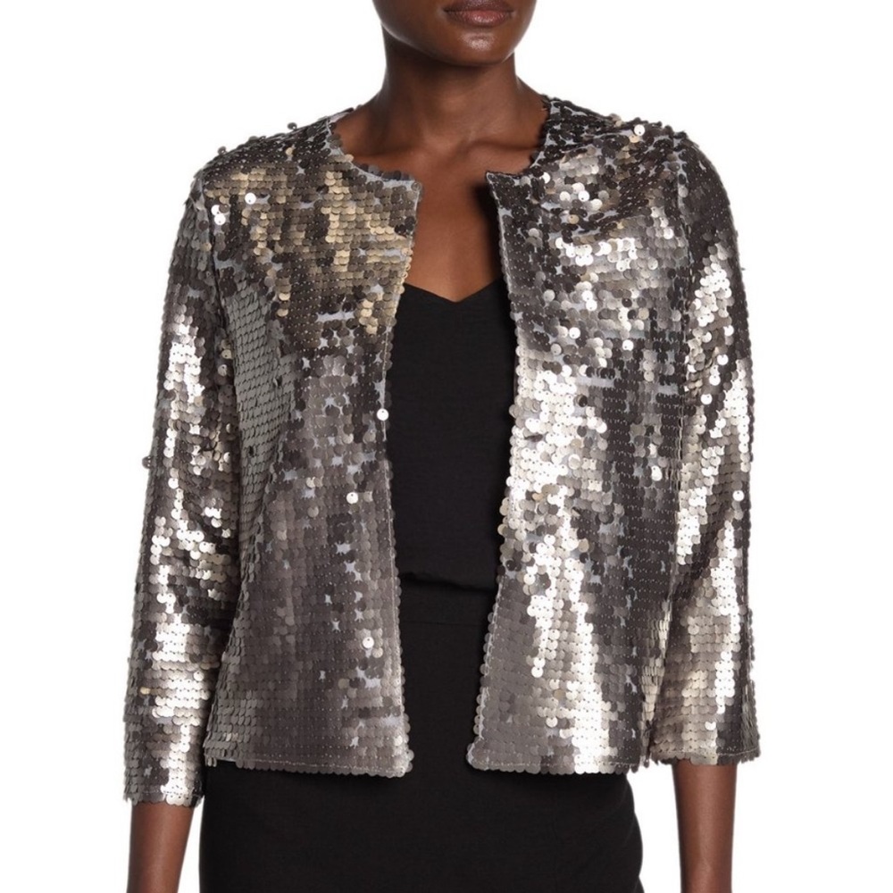 DOLCE CABO SILVER SEQUIN CROP 3/4 SLEEVE OPEN FRONT LINED HOLIDAY JACKET L